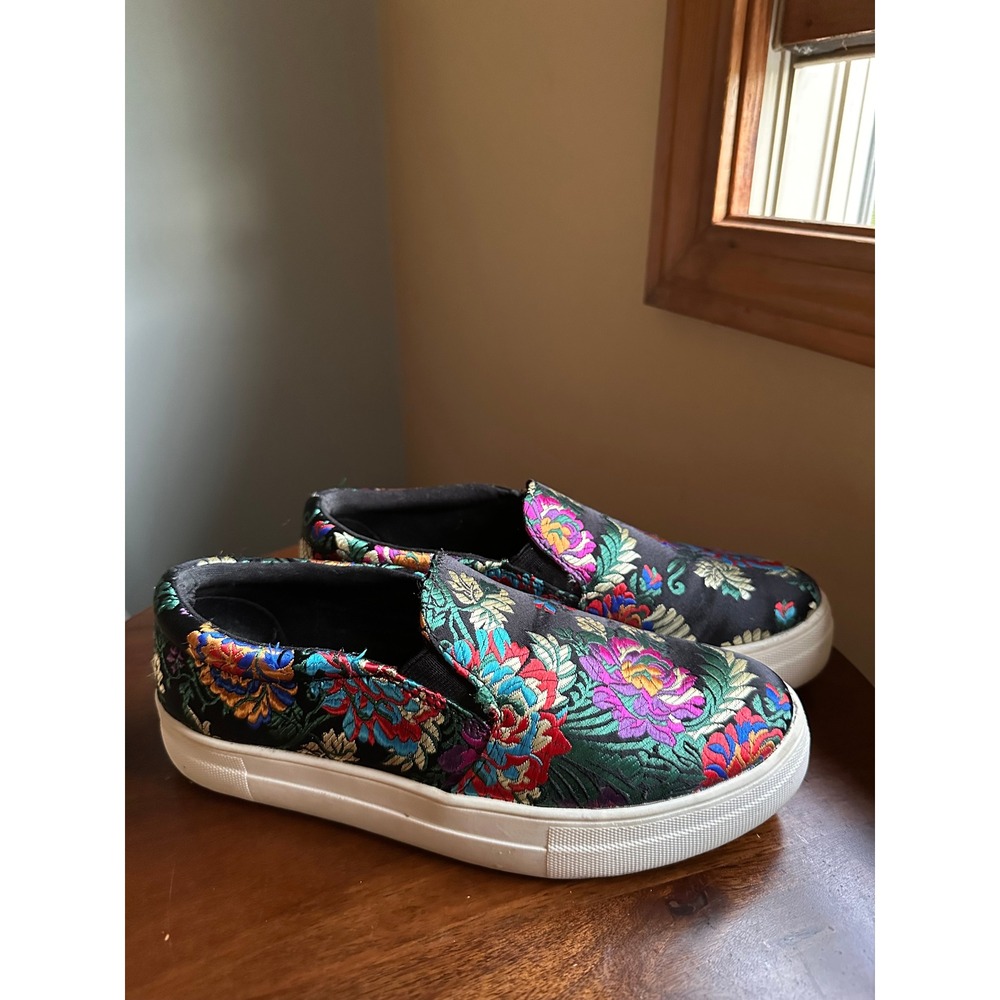 Brash Womens Floral Embroidered Brocade Slip On Platform Sneakers Black Multi 7
